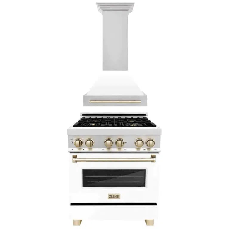ZLINE Autograph Edition 30-inch Stainless Steel Dual Fuel Range with White Matte Door & Range Hood - Polished Gold Accents (2AKP RAWMRH30 G) | Professional Kitchen Package for Home Chefs & Modern Cooking Enthusiasts
