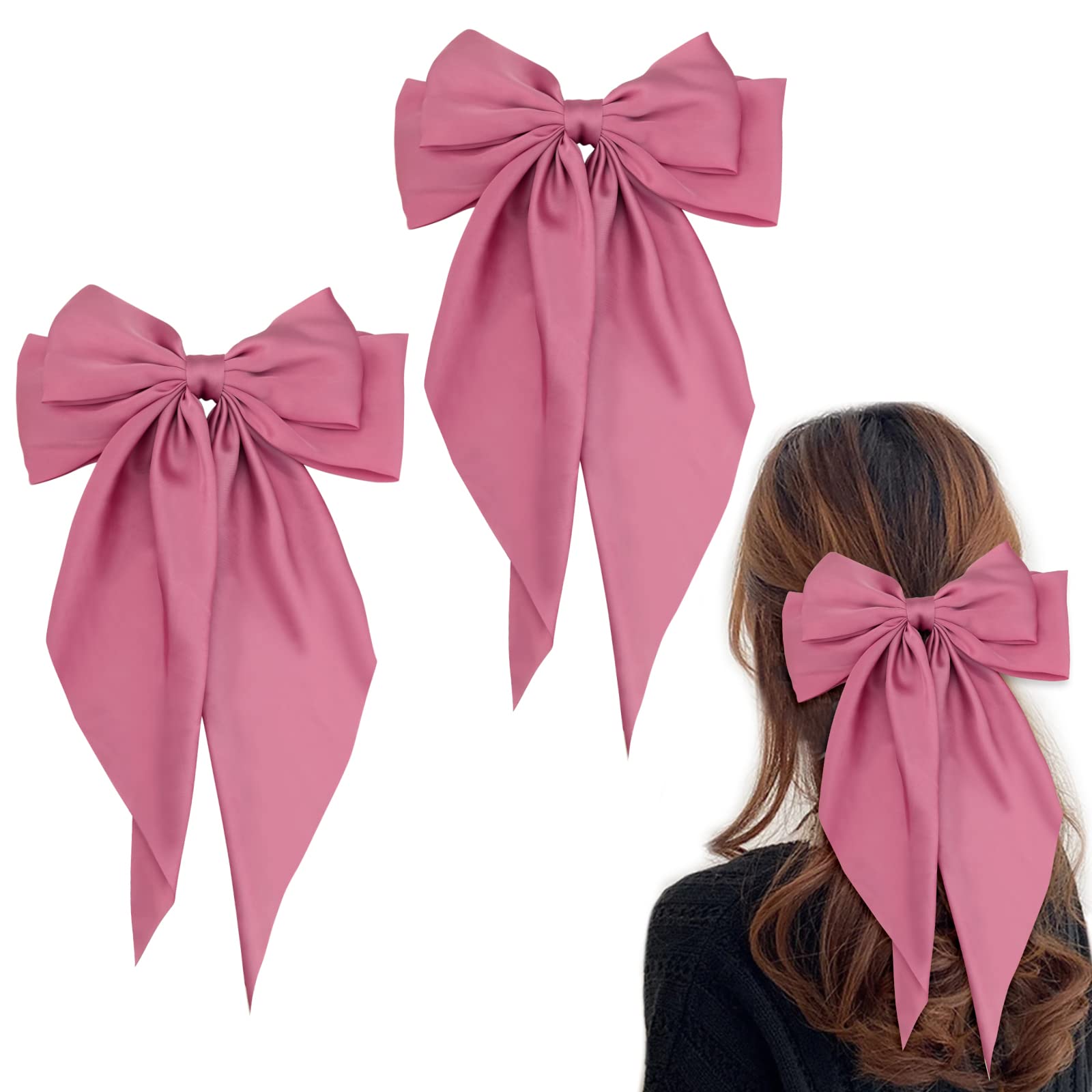Bekecidi 2 Pack Large Bow Hair Clips for Women - Solid Color Satin Hair Bows, Elegant French Barrette Hairpins for Adults & Teens - Perfect for Weddings, Parties & Daily Hair Accessories (Pink)