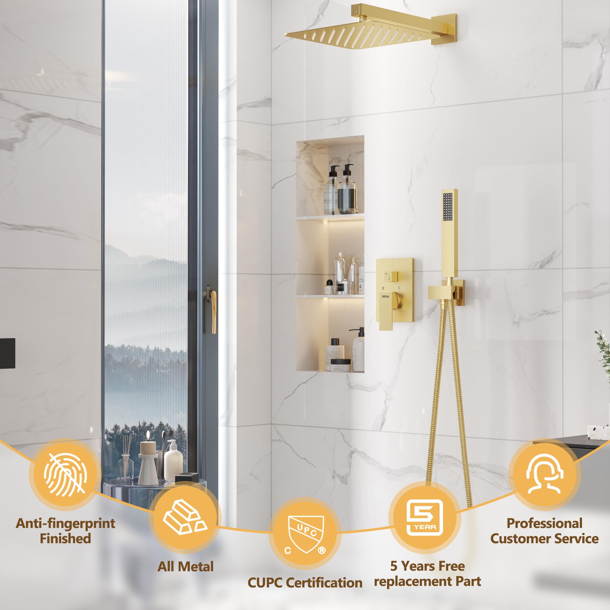 ESNBIA 12 Inch Gold Shower System - Pressure Balance Shower Valve with High Pressure Gold Shower Head & Handle Set - Wall Mounted Brushed Gold Bathroom Fixtures for Luxury Spa Experience at Home