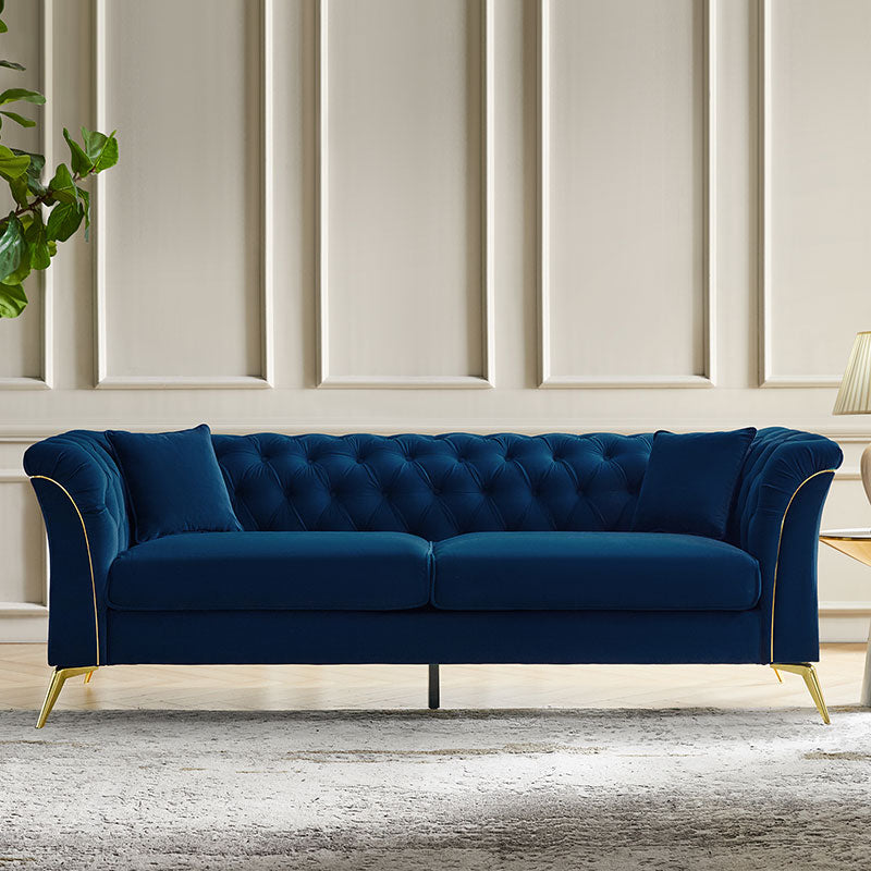 Modern Luxury Glam Velvet Sofa with Tufted Buttons & Gold Metal Accents - Elegant Living Room Furniture for Home Decor, Lounge & Entertaining