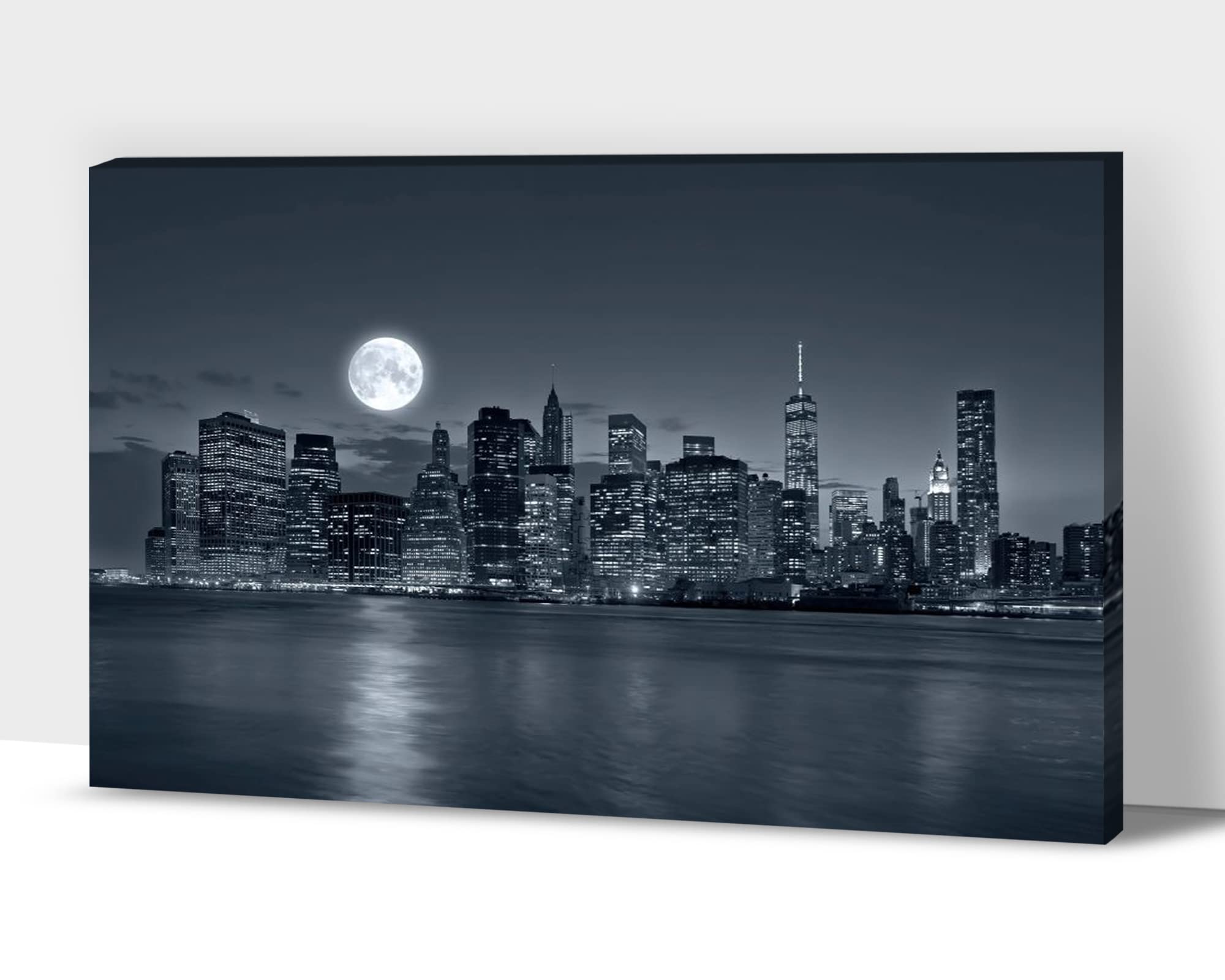 New York Skyline Canvas Wall Art - Modern Blue Gray Cityscape Painting, Brooklyn Bridge Park & Moonlight Scene, Framed Artwork for Living Room, Bedroom, Office Decor - 32x48 Inches