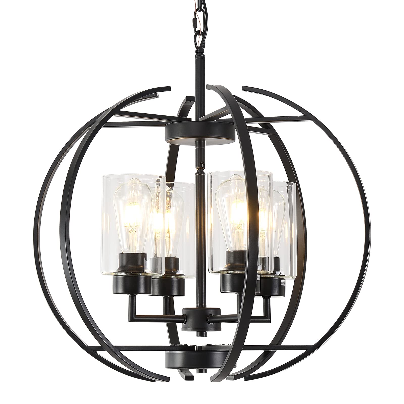 Black Chandelier Lighting with Clear Glass - 4-Light Farmhouse Ceiling Fixture for Dining Room & Kitchen | Elegant Hanging Light for Home Decor, Wedding Venues & Restaurants