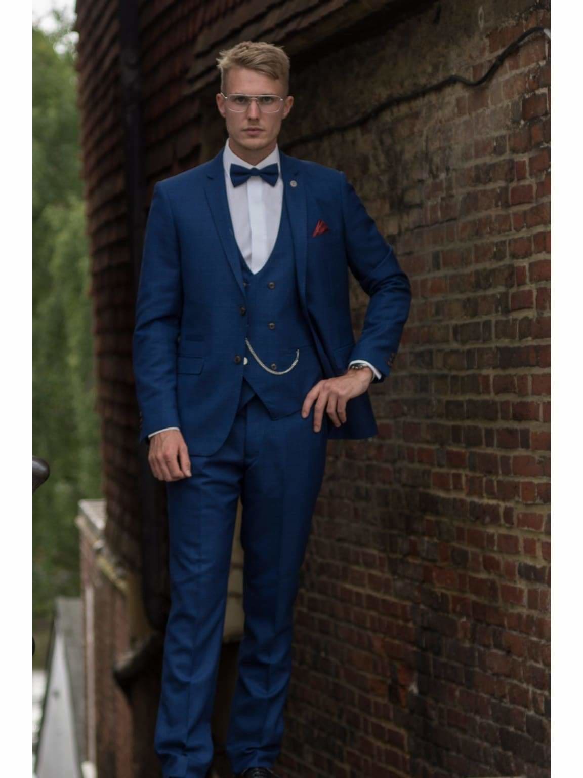 Marc Darcy George Royal Blue Check Three Piece Suit for Men - Premium Wedding, Business & Formal Occasions