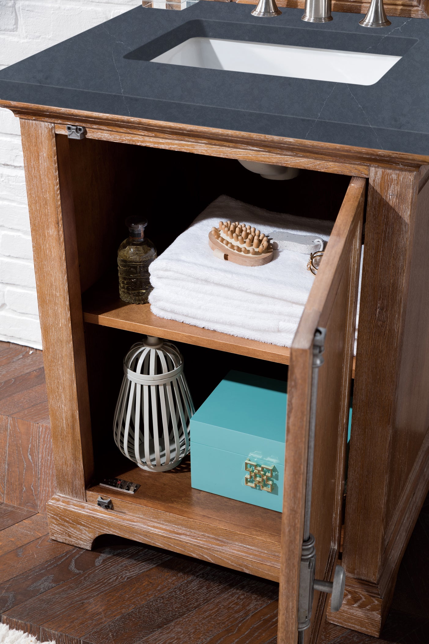 Providence 26 Inch Single Vanity Cabinet in Driftwood Finish with 3CM Charcoal Soapstone Quartz Top - Perfect for Bathroom Renovation & Modern Home Decor