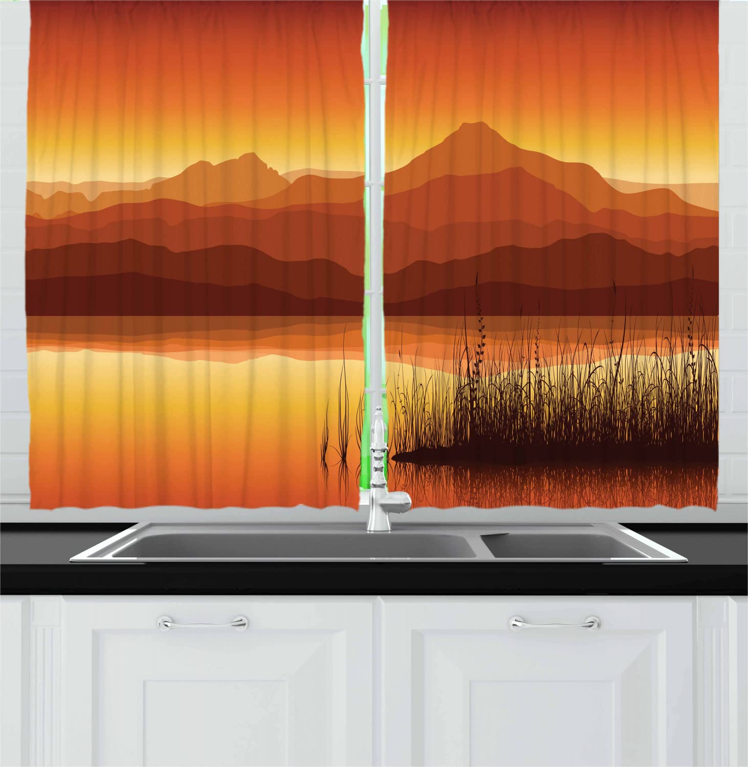 Ambesonne Lake Long Kitchen Curtains - Abstract Sunset Mountain Landscape with Lake & Grass, 2 Panel Rod Pocket Drapes for Windows, 55