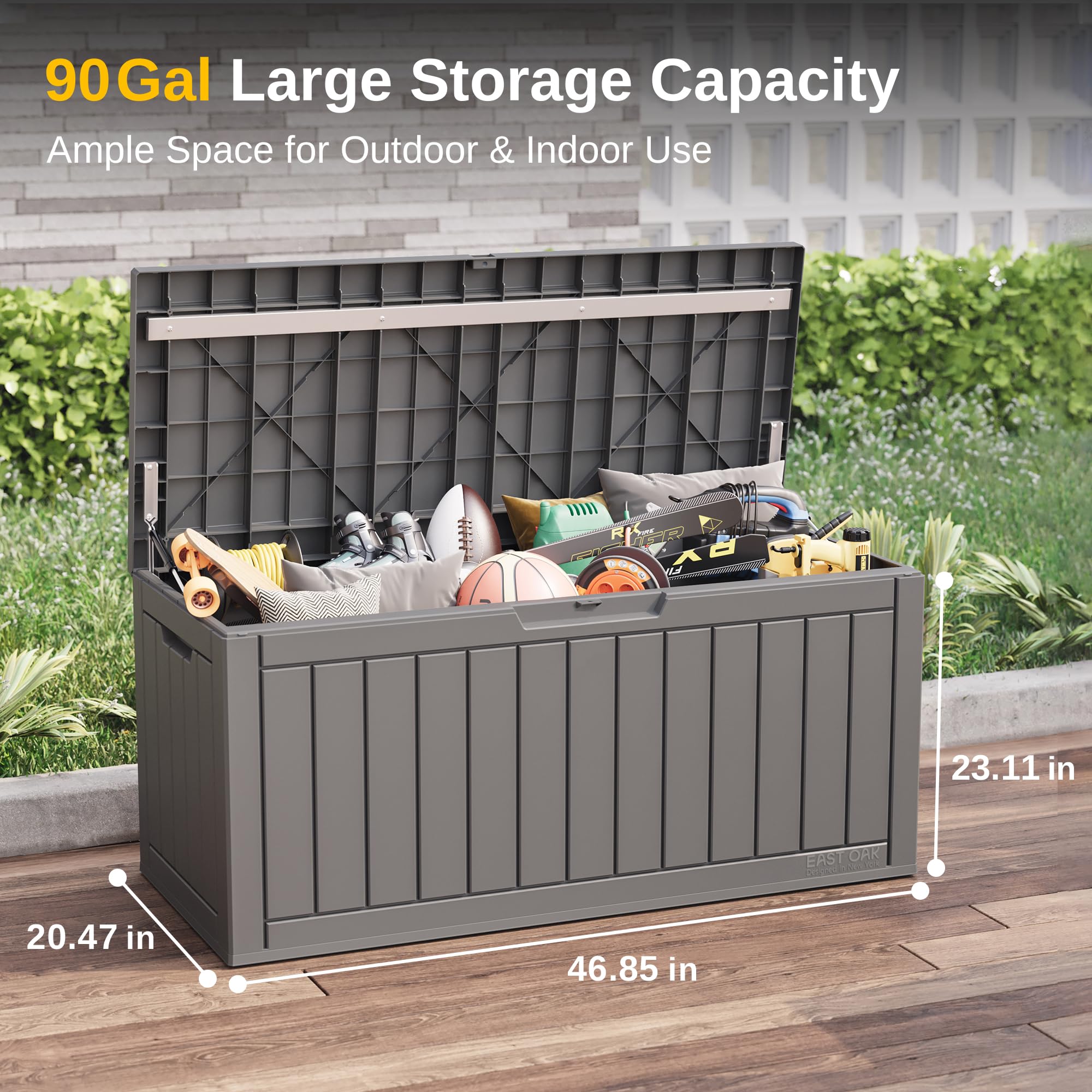 EAST OAK 90 Gallon Outdoor Storage Box - Waterproof Resin Deck Box with Lockable Lid, UV Resistant for Patio Furniture Cushions, Gardening Tools, Pool Toys | Perfect for Backyard, Garden & Poolside Organization (Grey)