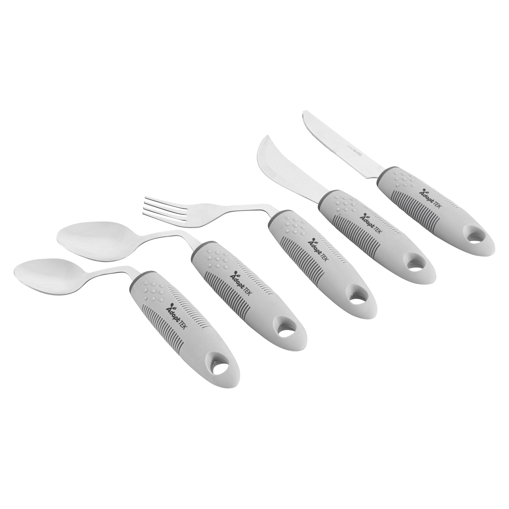 Adapt Tek Gray Stainless Steel 5-Piece Adaptive Offset Utensil Set for Right Hand - Lightweight, Non-Slip Grip, Ergonomic Design (1 Count) - Ideal for Arthritis, Limited Mobility & Elderly Care in Kitchen
