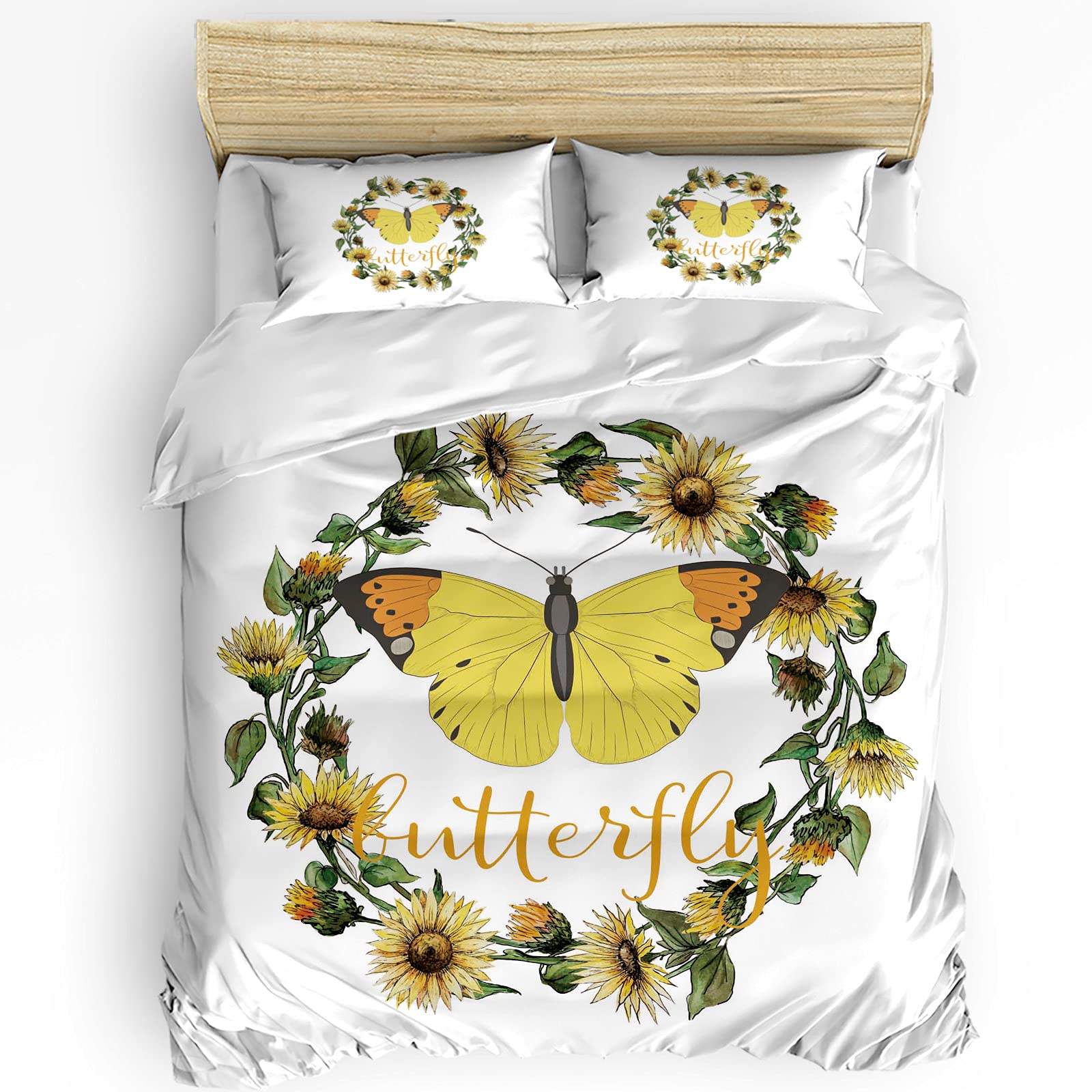 Custom Butterfly Washed Microfiber Duvet Cover Set - 3 Piece Ultra Soft Bedding with Zipper Closure, Twin Size Quilt Cover (No Comforter) - Rustic Sunflowers Wreath Design in Yellow & White - Perfect for Cozy Bedrooms, Guest Rooms & Farmhouse Decor