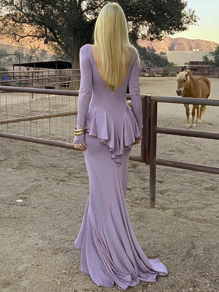 Sexy Backless Ruffled Maxi Dress for Women - Elegant O-Neck Long Sleeve Evening Gown with Thigh High Split | Perfect for Parties, Weddings & Date Nights