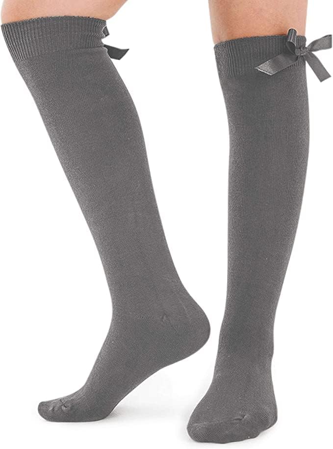 ZRWASKA® 3 Pairs Girls Knee High School Socks - Cotton Uniform Socks with Fluffy Bow Ribbons for Kids, Comfort Fit Long Socks for School, Party & Daily Wear (Pack of 3) - Perfect for School Uniforms, Dance Classes & Special Occasions