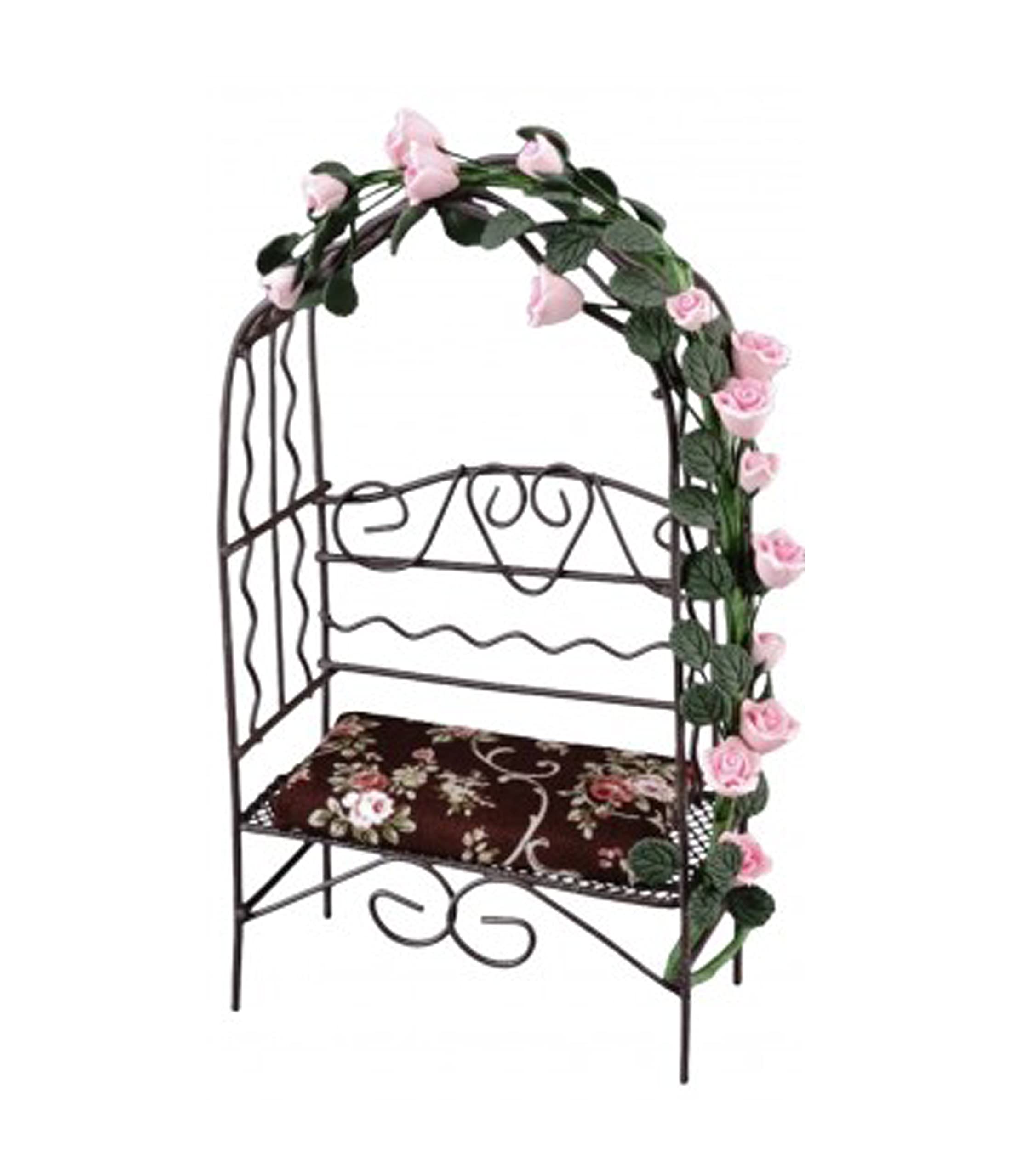 Melody Jane Dollhouse Brown Arbour Bench with Roses - Miniature Reutter Garden Furniture for Dolls Houses - Perfect for Dollhouse Gardens, Backyards & Outdoor Scenes