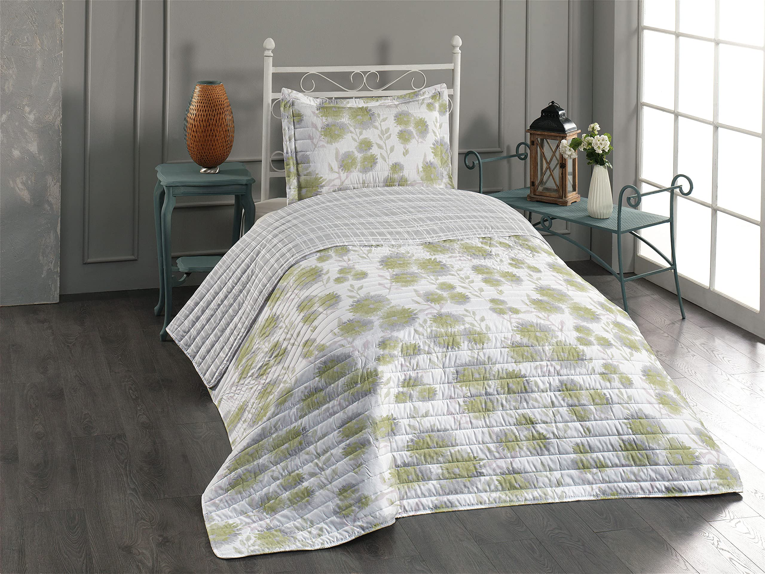 Ambesonne Floral Reversible Bedspread Set - Dandelion Flowers & Leaves Farmhouse Style Watercolor Print, Microfiber Comforter & Pillow Shams, Twin Size in Avocado Green & Dimgray | Perfect for Farmhouse Decor, Guest Rooms & Cozy Bedroom Makeovers
