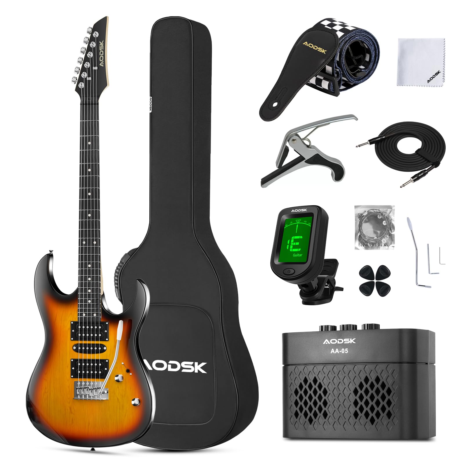AODSK 39 Inch Full Size Solid Body Electric Guitar Starter Kit with Amp, Digital Tuner, 6 Strings, 4 Picks, Tremolo Bar, Strap & Gig Bag (Sunburst-HSH) – Perfect for Beginners, Practice, Live Performance & Home Studio Recording