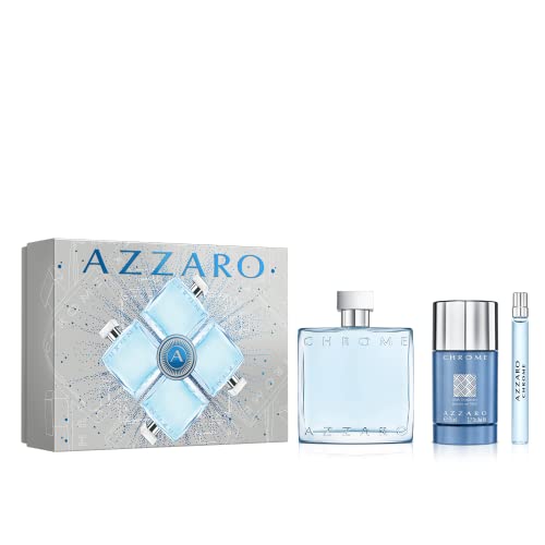 Azzaro Chrome Men's Cologne Gift Set - 3.4 oz EDT + Travel Spray & Deodorant - Fresh Citrus Aquatic Woody Fragrance - Holiday & Birthday Gift for Him - Perfect for Work, Date Night & Special Occasions