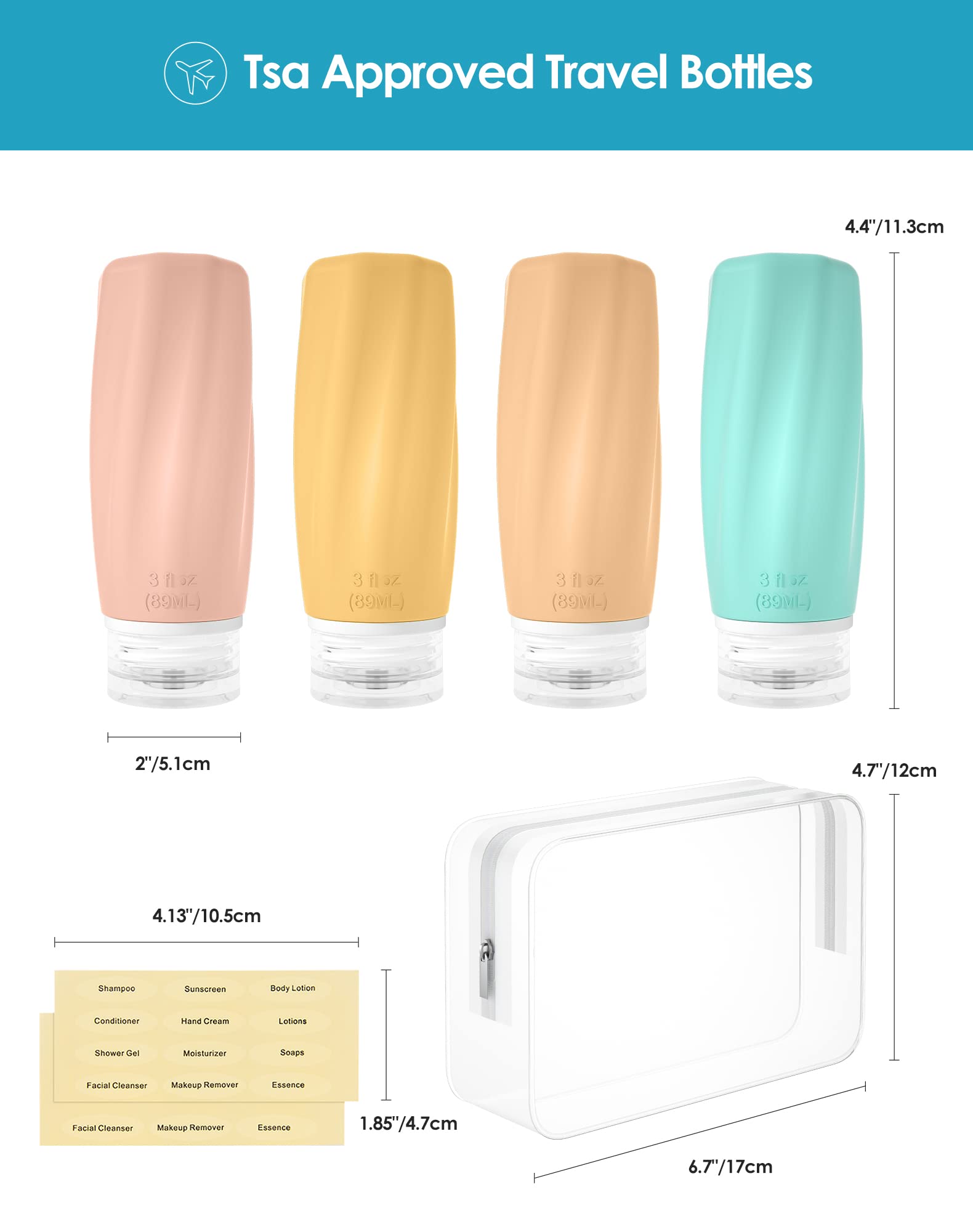 Morfone 3oz TSA Approved Leak Proof Travel Bottles - 4 Pack Refillable Squeezable Toiletry Containers for Shampoo, Conditioner & Lotion | Perfect for Air Travel, Gym & Vacation Essentials