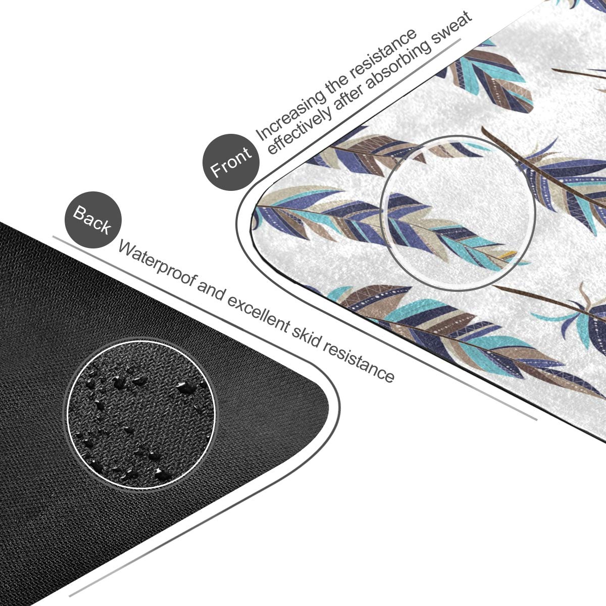 MOYYO Boho Style Feather Print Yoga Mat - Non-Slip Natural Rubber Suede Surface for Hot Yoga, Pilates & Floor Exercises - 71x26 Inch Portable Travel Fitness Mat - Perfect for Home, Studio & Outdoor Yoga Sessions