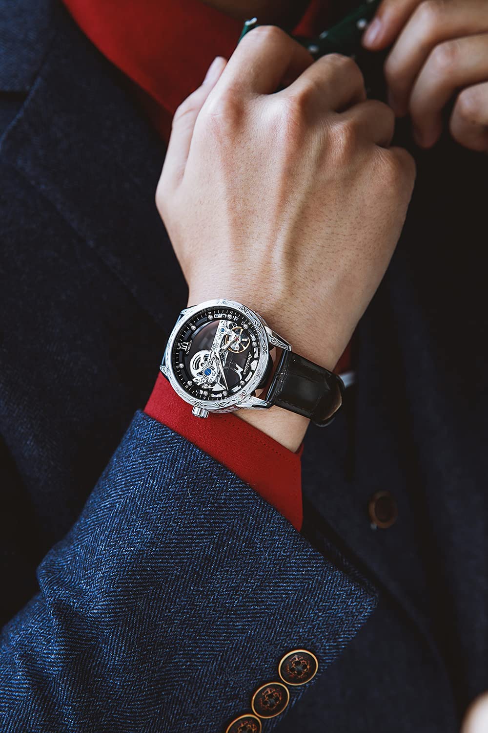 OLEVS Men's Automatic Skeleton Mechanical Watch - Self-Winding Dress Watch with Luminous Hands, Waterproof Leather Strap - Perfect for Business, Formal Events & Luxury Gifts