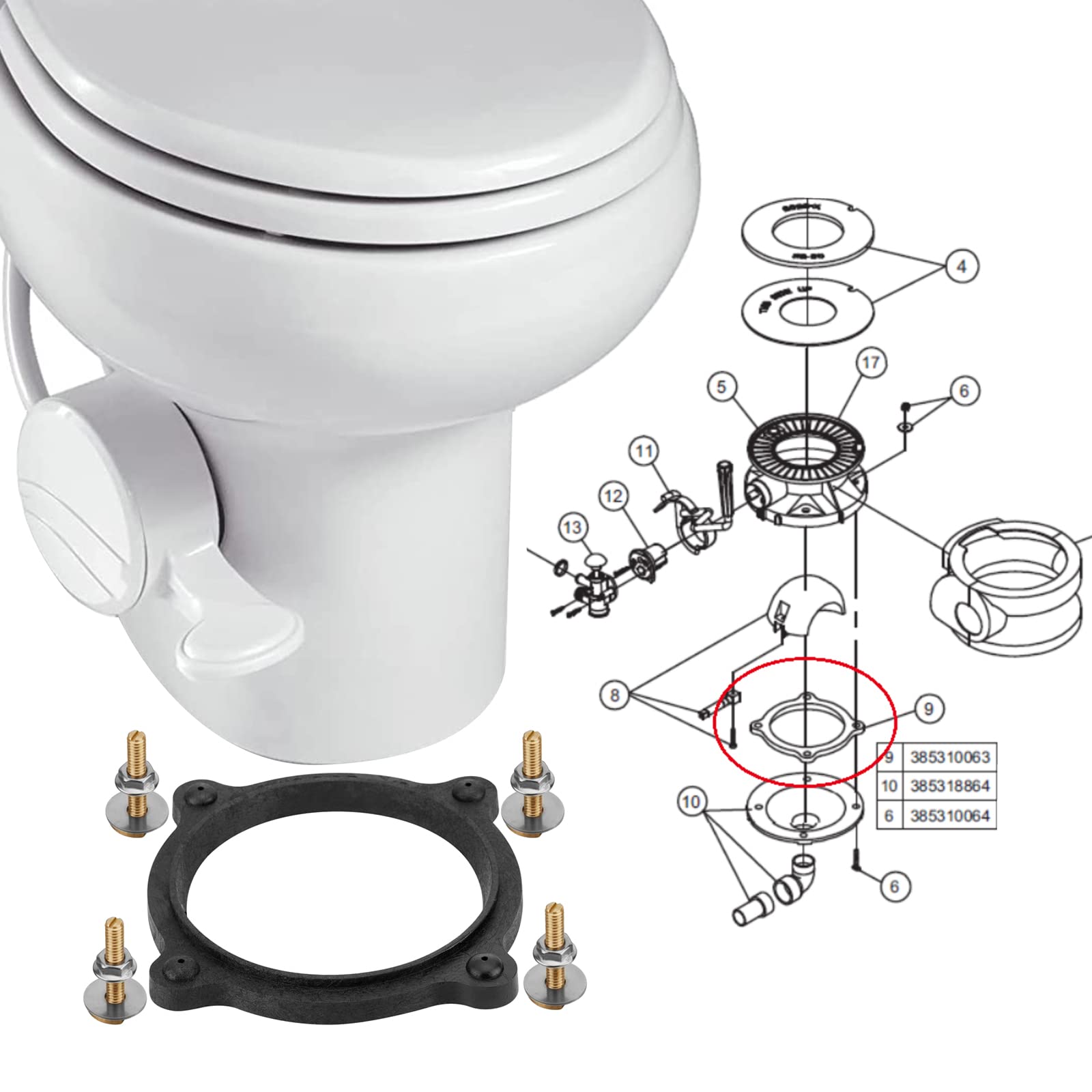 Dometic Sealand Toilet Seal Kit Replacement - SE341549 RV Marine Toilet Floor Flange & Mounting Kit for Travel Trailers & Boats | Waterproof & Durable for RV, Camper, and Marine Toilet Repairs