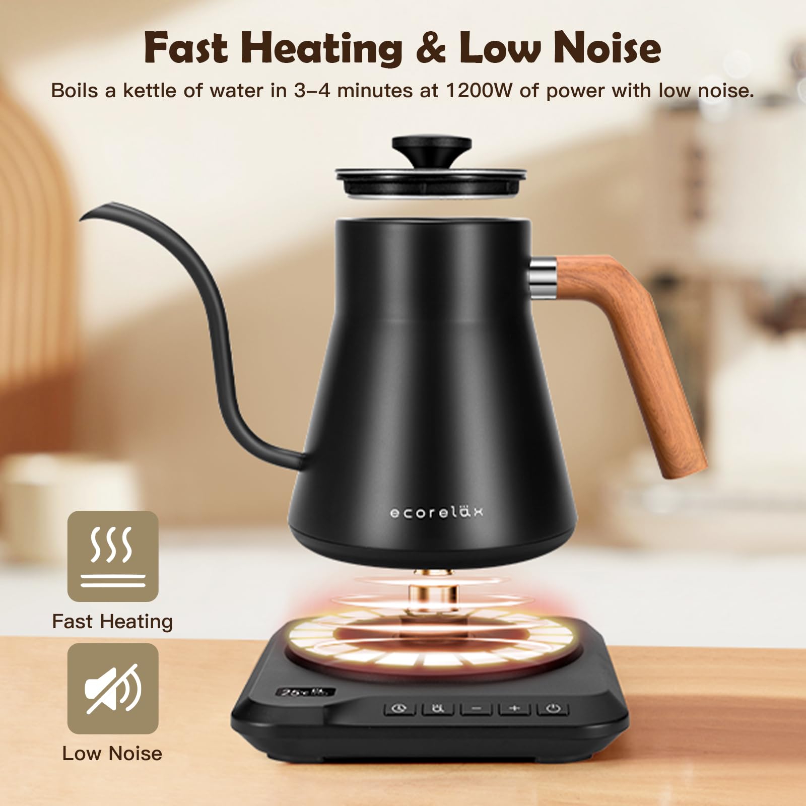 ECORELAX Gooseneck Electric Kettle with Precise ±1℉ Temperature Control - 1200W Fast Heating Stainless Steel Pour Over Kettle for Coffee, Tea & Hot Water - 1L Capacity with Keep Warm Function & OLED Display (Black) - Perfect for Home, Office & Specialty Brewing