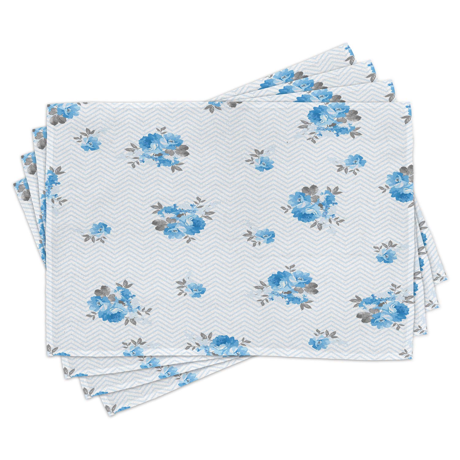 Ambesonne Blue Rose Floral Place Mats Set of 4 - Washable Fabric Table Mats for Dining Room & Kitchen Decor - Romantic Spring Design with Grey Accents - Perfect for Dinner Parties, Brunch, and Home Styling
