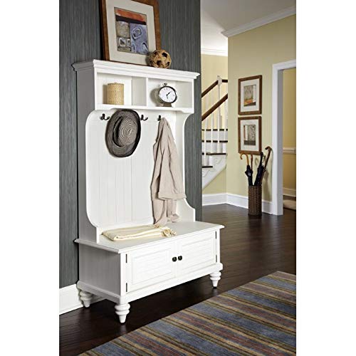 White Solid Wood Bermuda Hall Stand with Storage Bench - Farmhouse French Shabby Chic Traditional Antique Entryway Organizer for Coats, Shoes & Hats | Perfect for Country Homes, Apartments & Mudrooms