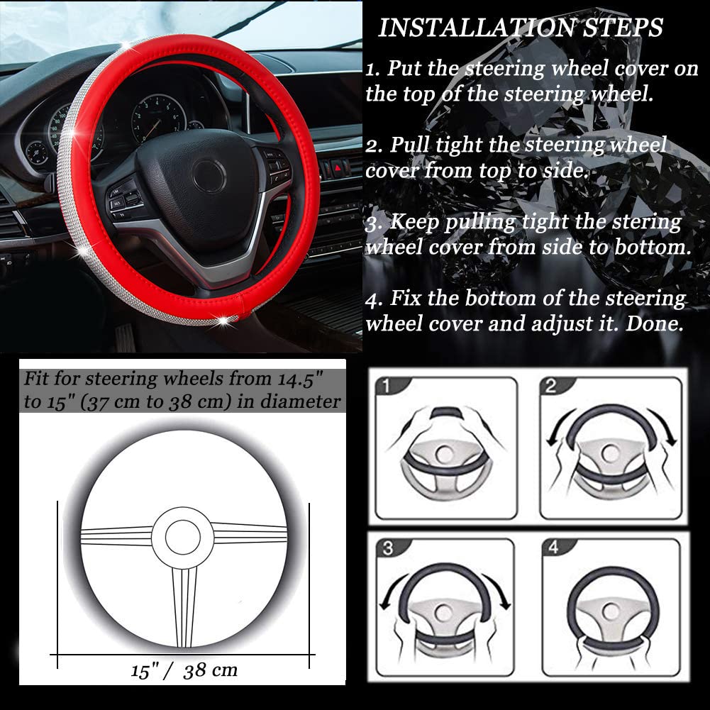 Diamond Leather Steering Wheel Cover with Crystal Rhinestones - Universal 15 Inch Fit for Cars, SUVs & Trucks | Luxury Car Accessory for Women & Girls (Red) - Perfect for Daily Commute & Road Trips