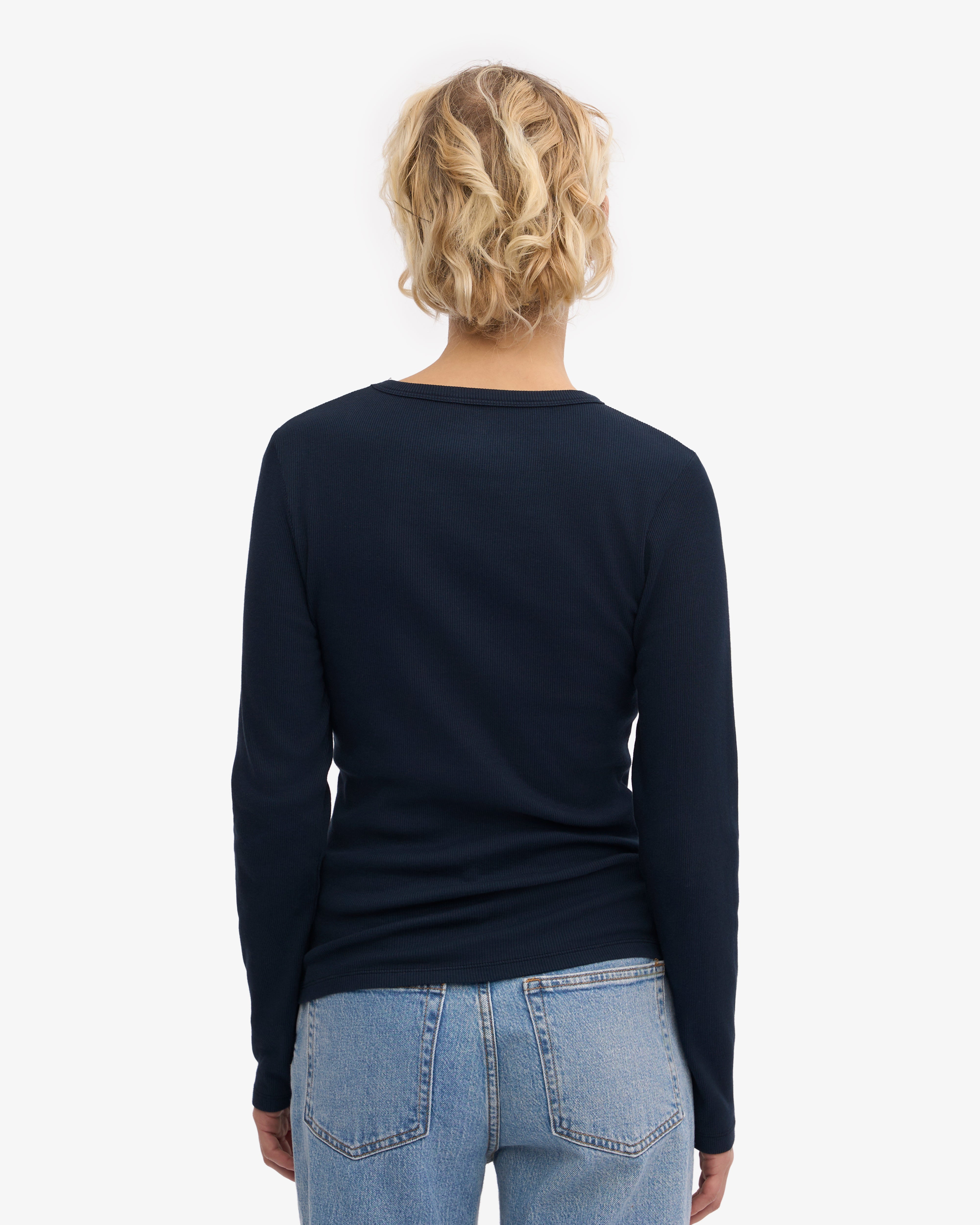 Organic Women's Long Sleeve Ribbed T-Shirt - Navy Blue - Comfortable Casual Wear for Everyday Outfits & Layering