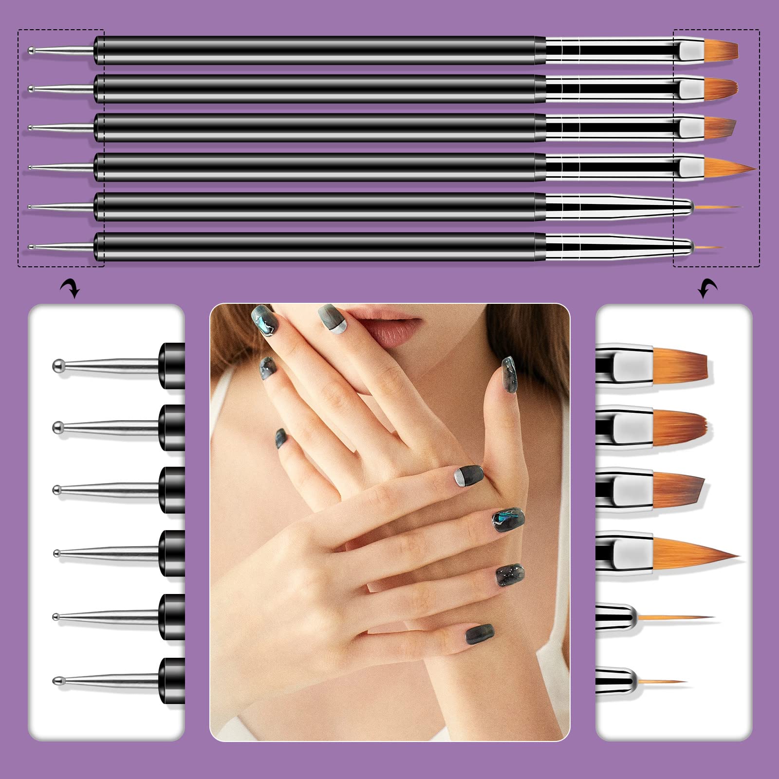 Artdone 6PCS Double-ended Nail Art Dotting Tools Kit - Professional Nail Design Brushes for Gel Polish, Liner & Detail Painting - Perfect for DIY Manicure, Nail Art Salon & Home Use