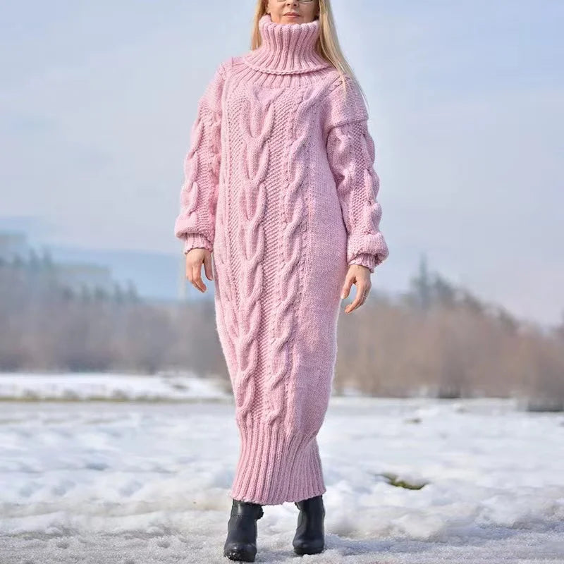 Women's Oversized Loose Knit Turtleneck Sweater Dress - Solid Color Long Pullover for Fall & Winter | Casual Office Wear, Layering Piece, Cozy Outfit