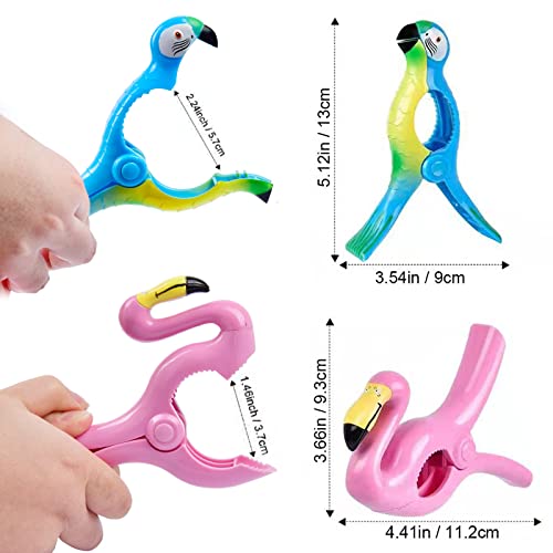 Sopito Jumbo Size Beach Towel Clips - Set of 4 Flamingo Parrot Design - Secure Hang Seal for Beach Chairs, Cruise, Pool, Patio & Daily Use - Perfect for Sunbathing, Travel & Outdoor Relaxation