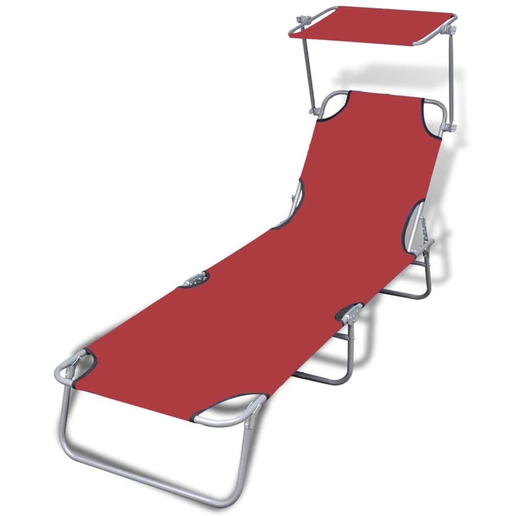 SKM Folding Sun Lounger with Adjustable Canopy - Heavy Duty Steel Frame & UV-Resistant Fabric - Portable Outdoor Chaise Lounge for Poolside, Beach, Patio & Backyard Relaxation (Red)