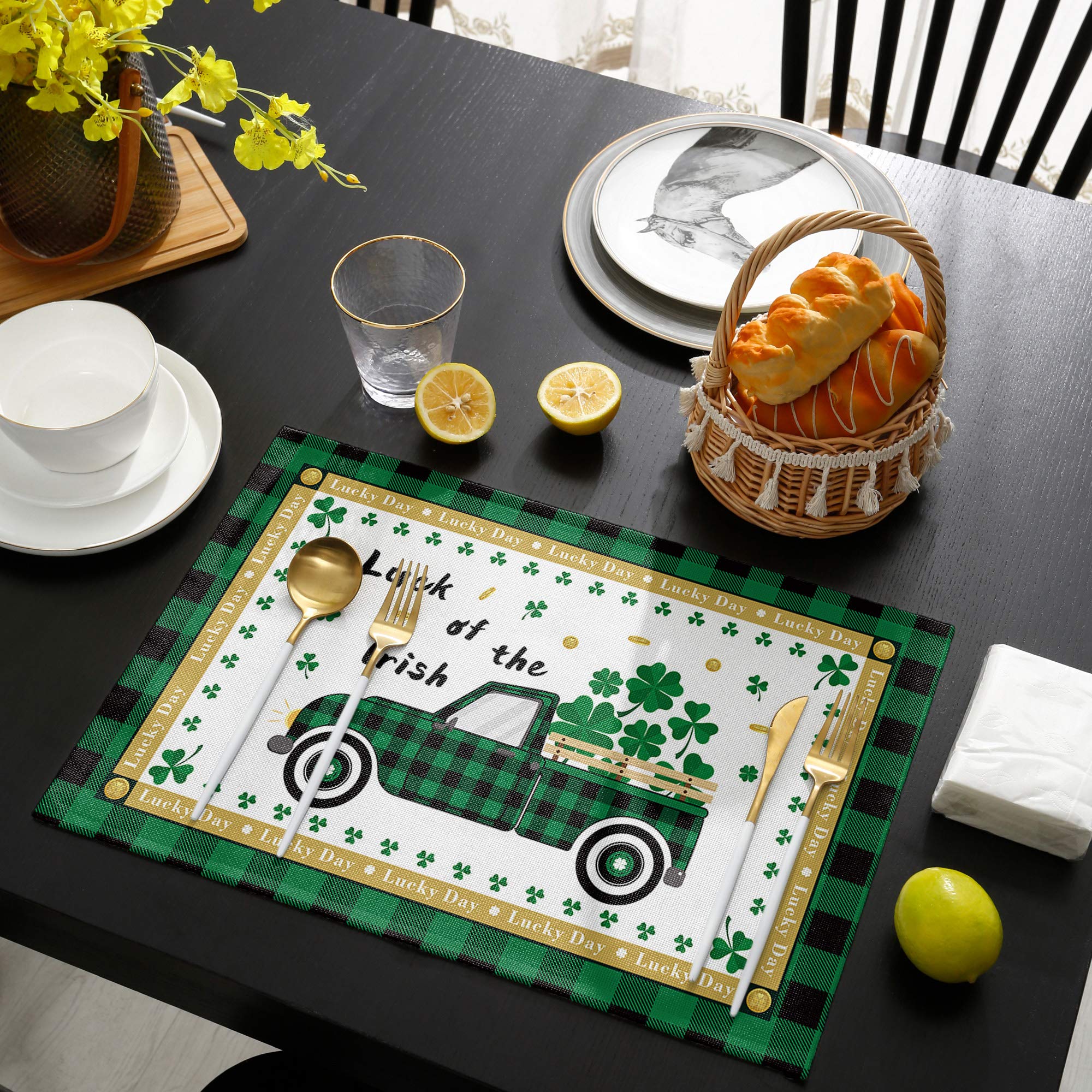 Stylish Green Plaid Truck with Lucky Clovers St. Patrick's Day Placemats - Set of 4, Thermal Insulated & Non-Slip Washable Dining Table Mats for Kitchen Decor, Perfect for Holiday Parties & Everyday Use