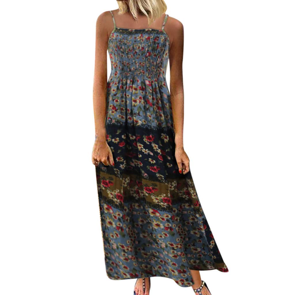 Vintage Floral Print Maxi Dress for Women - Bohemian Long Sleeveless Dress with Spaghetti Straps, Plus Size Summer Beach Dress for Vacation, Party & Casual Wear