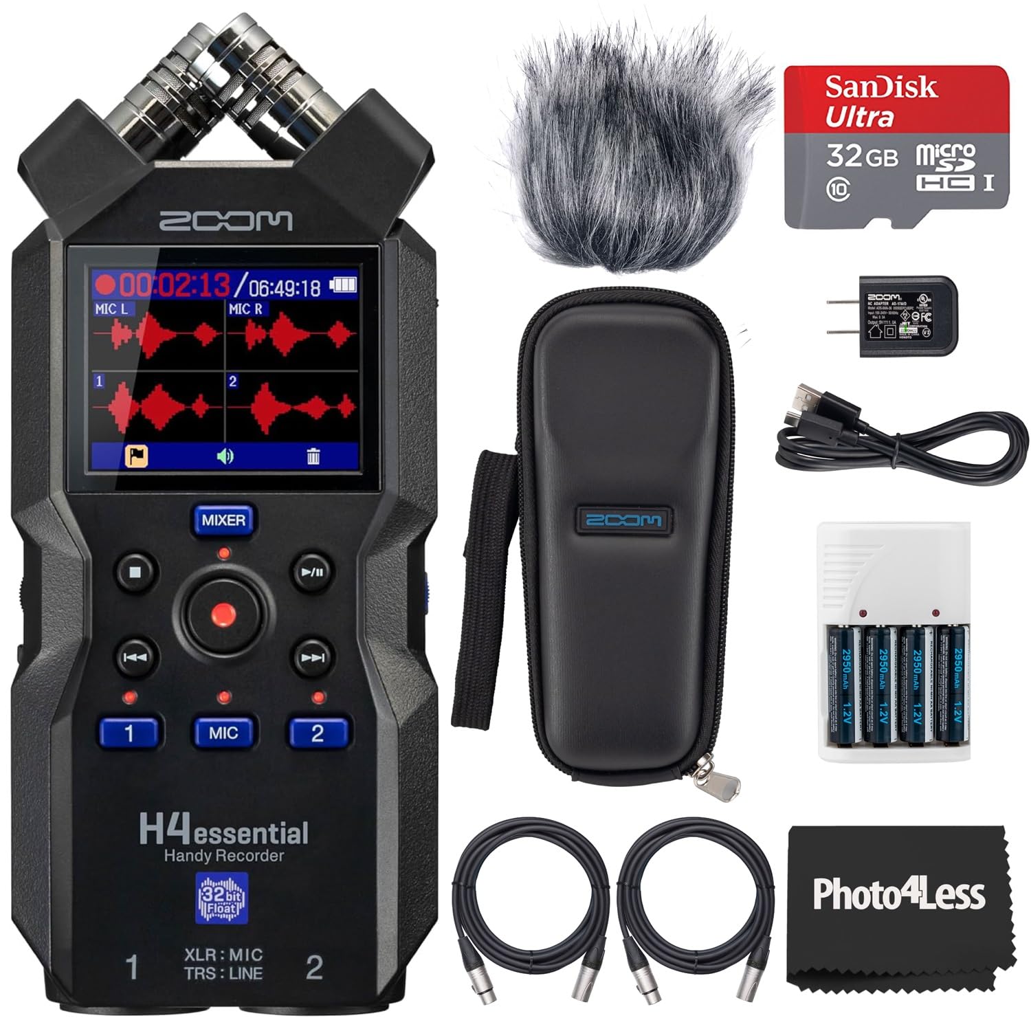 Zoom H4n Essential Handy Recorder Bundle - Includes Accessory Pack, 32GB Micro SD Card with Adapter, 2 XLR Cables, 4 AA Batteries & Charger - Perfect for Podcasting, Field Recording & Music Production