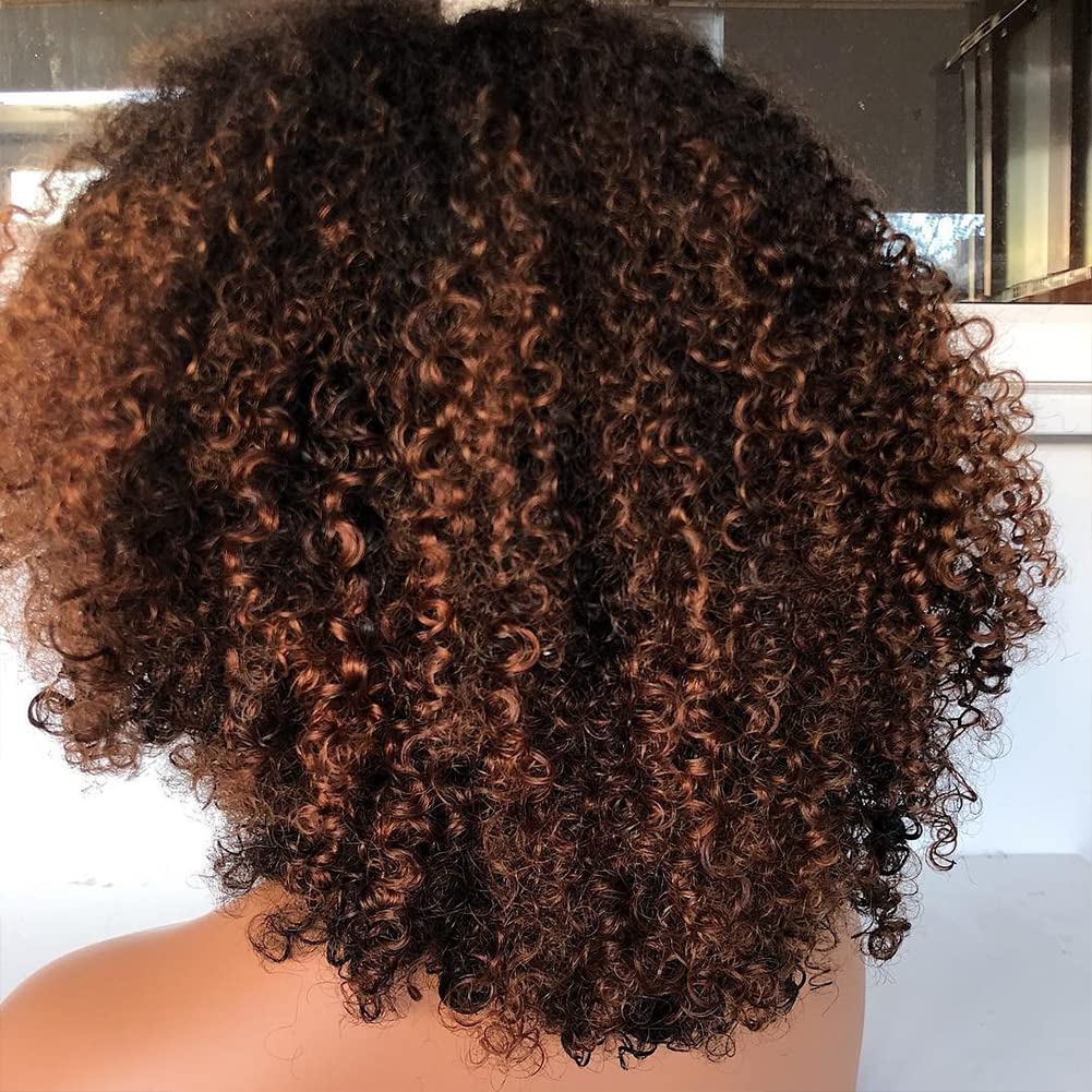200% Density Ombre Human Hair Wigs - Afro Kinky Curly Two Tone Brazilian Virgin Hair Wig with Bangs | Glueless Machine Scalp Top | 18 Inch for Black Women | Perfect for Daily Wear, Parties & Special Occasions