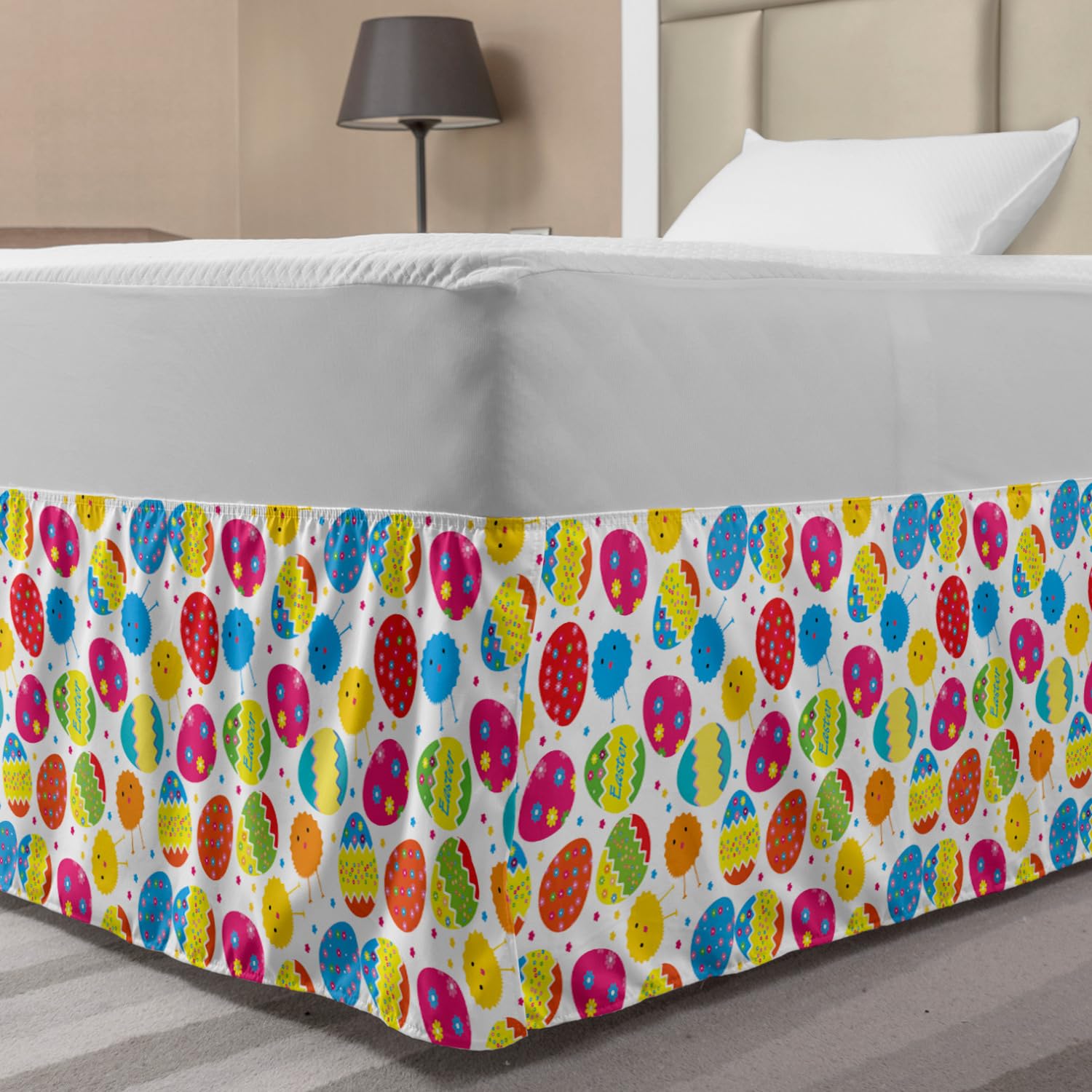 Ambesonne Easter Bed Skirt - Cartoon Chickens & Colorful Eggs with Daisy Blossoms Design | Elastic Wrap Around Dust Ruffle for Full Size Beds | Perfect for Spring Decor, Easter Bedroom Themes & Holiday Home Styling