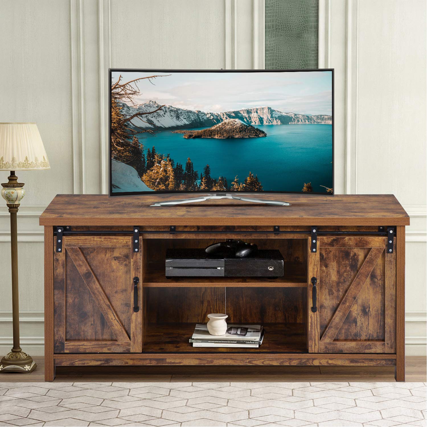 Rustic Brown TV Stand with Sliding Barn Door & Storage Shelves - 28