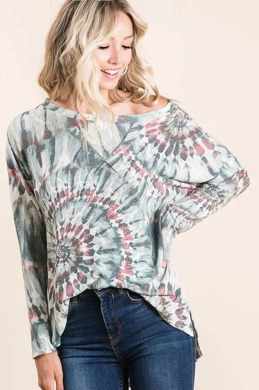 BiBi Tie Dye Terry Top with Contrast Stitching - Stylish Women's Casual Shirt for Summer Outfits, Beach Wear, and Festival Fashion