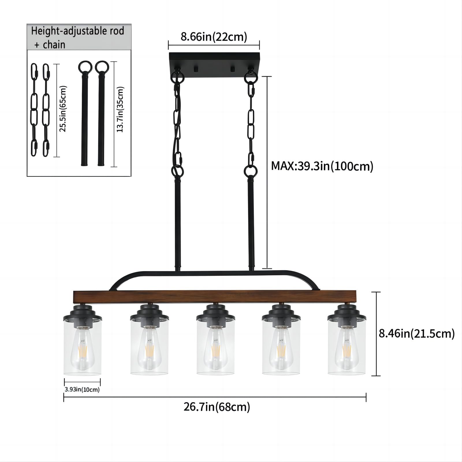 SEEBLEN 5-Light Farmhouse Chandelier - Black Metal Adjustable Kitchen Island Lighting with Clear Glass Shade - Rustic Industrial Dining Room Ceiling Fixture for Kitchen, Restaurant, Cafe and Home Decor