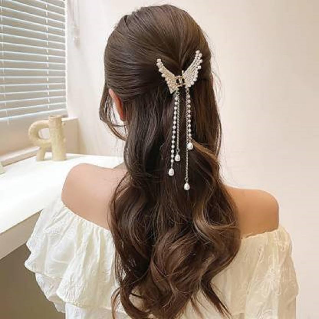 Elegant Rhinestone Butterfly Hair Clip with Pearl Tassel - Strong Hold Bun Styling Clamp for Women & Girls | Perfect for Weddings, Parties, and Everyday Hairstyles