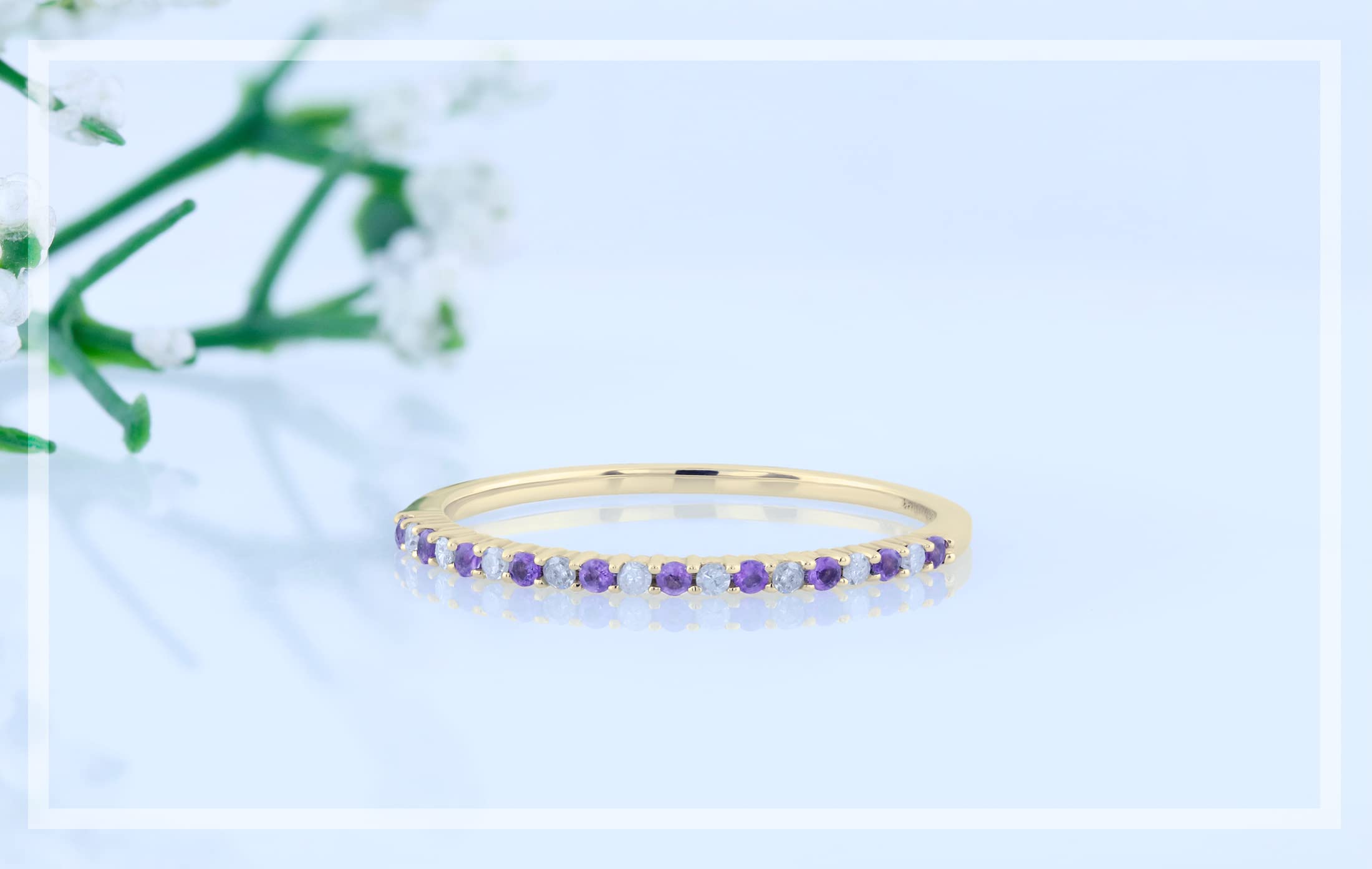 14K Solid Gold Round Amethyst & White Diamond Women's Anniversary Wedding Band Stackable Ring - Elegant Gift for Wife, Engagement, Valentine's Day & Special Occasions
