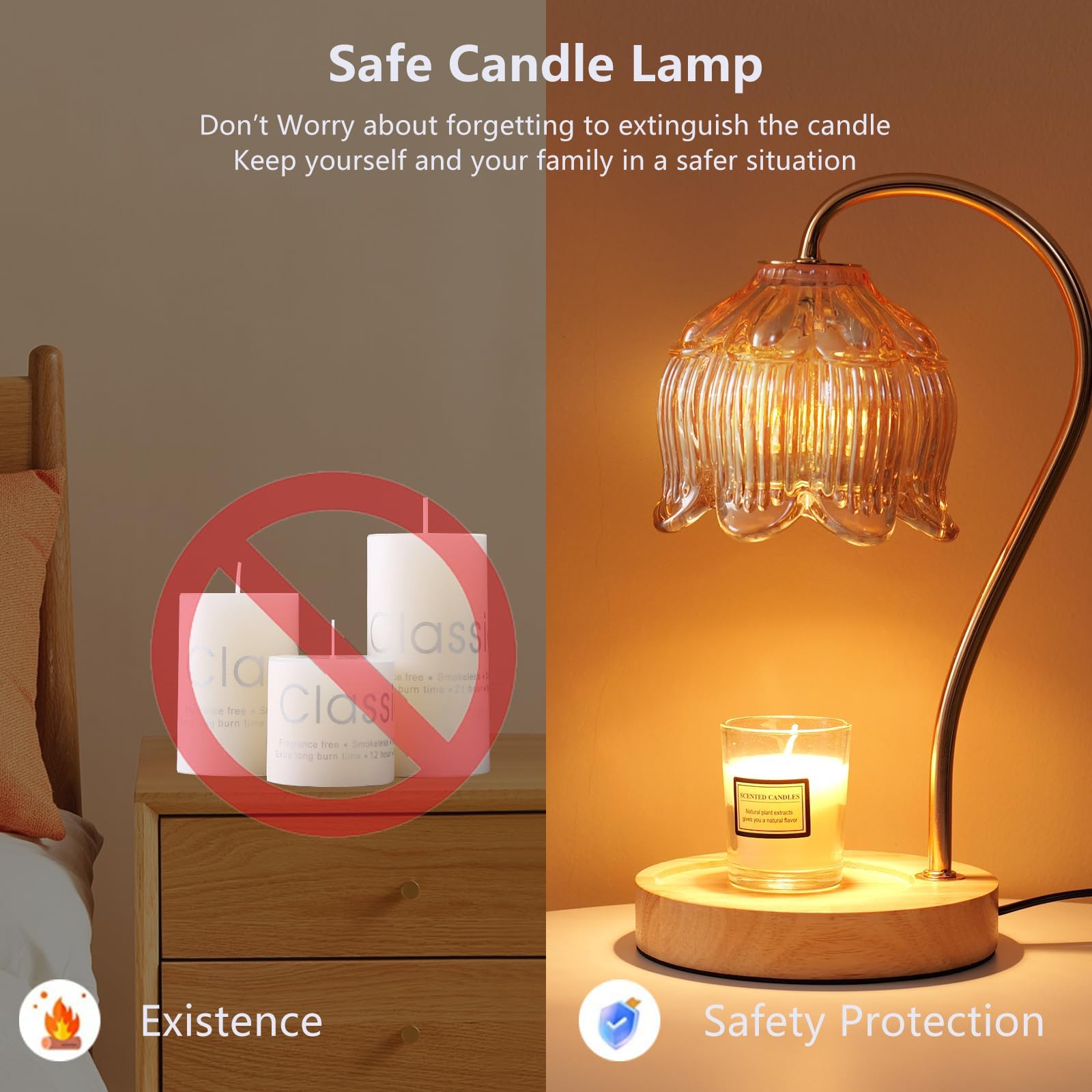 GEEZO Electric Candle Warmer Lamp with Timer & Dimmer - Wooden Base Wax Melt Warmer for Small & Large Jar Candles, 2 Bulbs Included - Perfect for Home Decor, Aromatherapy, and Creating Cozy Ambiance in Living Room, Bedroom, or Office