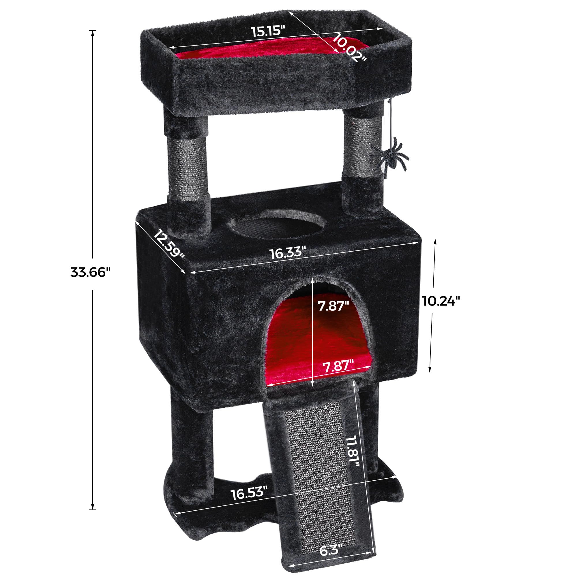 BEWISHOME Gothic Cat Tree with Coffin Cat Bed - Black & Red Halloween Cat Tower with Scratching Post, Soft Cushion & Spider Hanging Ball - Spacious Cat Condo for Play & Rest - Perfect Gothic Pet Furniture for Halloween Decor & Everyday Use