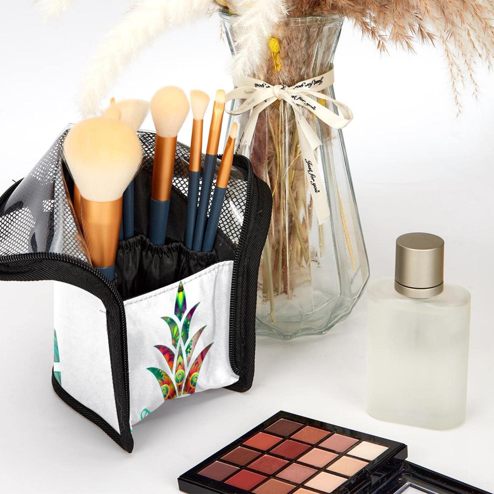 12-Piece Makeup Brush Set with Abstract Pineapple Design Organizer Bag - Portable Cosmetic Brush Holder Case for Travel & Home Storage | Perfect for Makeup Artists & Beauty Enthusiasts