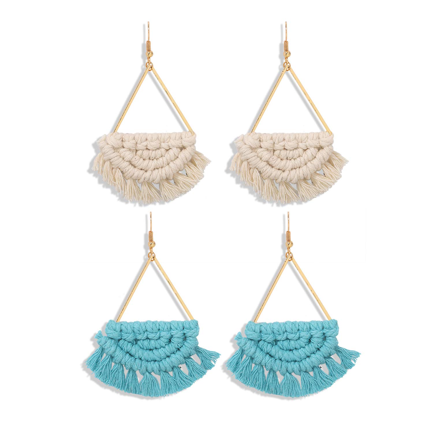 2 Pairs Bohemian Fan Fringe Drop Earrings - Handmade Woven Boho Statement Tassel Dangle Earrings for Women & Girls | Colorful Holiday Jewelry Gifts | Perfect for Festivals, Parties and Special Occasions