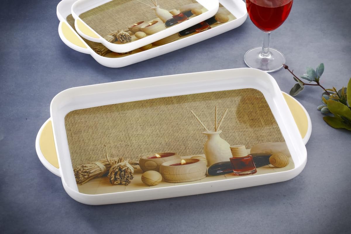 Elegant SORATH Printed Plastic Serving Tray Set - BPA Free, Glossy Finish with Handle - Perfect for Tea, Coffee, Snacks & Home Decor - Ideal for Kitchen, Dining Table & Party Serving (White, 3-Piece Rectangular Set)