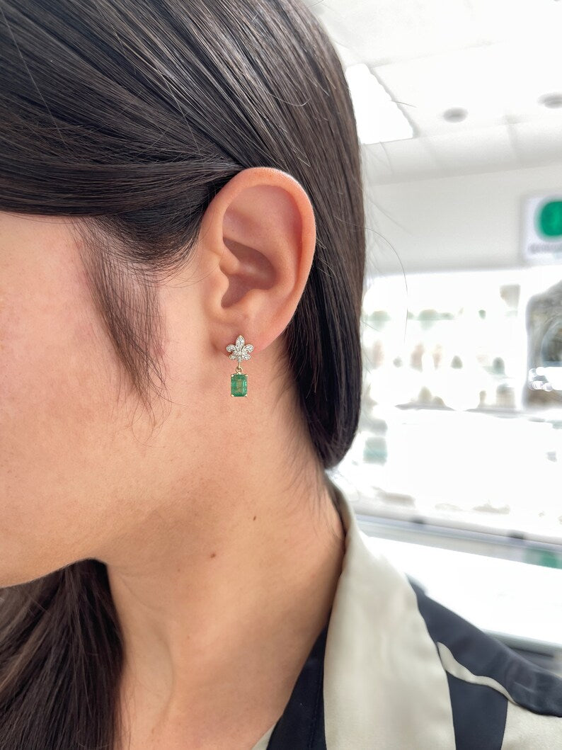 2.55ctw 14K Gold Natural Medium Yellowish Green Emerald & Diamond Fleur De Lis Dangle Earrings for Women - Elegant Jewelry Gift for Brides, Weddings & Special Occasions