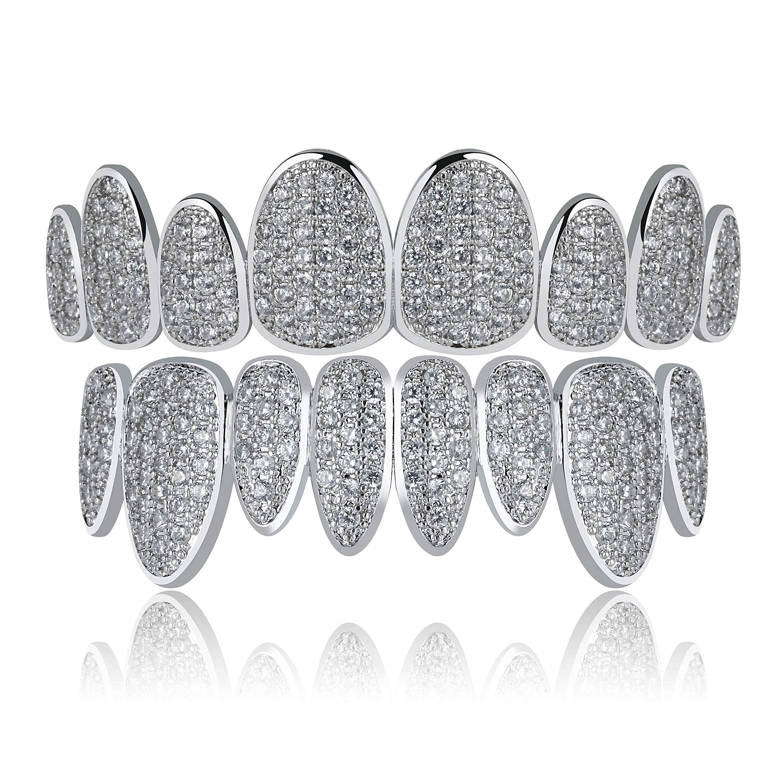 18K Gold Plated Iced Out Simulated Diamond Teeth Grillz - 8 Top & Bottom Dental Grills with Extra Molding Bars | Perfect for Hip Hop Fashion, Rappers, and Special Events