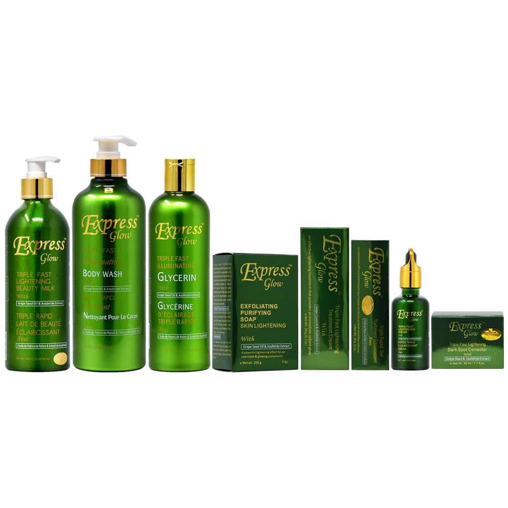 Express Glow Lotion 16.8oz + Body Wash 27oz + Glycerin 16.8oz + Soap 7oz + Gel 1oz + Cream 1.7oz + Serum 1.66oz + Corrector 1.7oz - Complete Skincare & Body Care Set for Hydration, Brightening & Glowing Skin - Perfect for Daily Use, Gifts & Travel