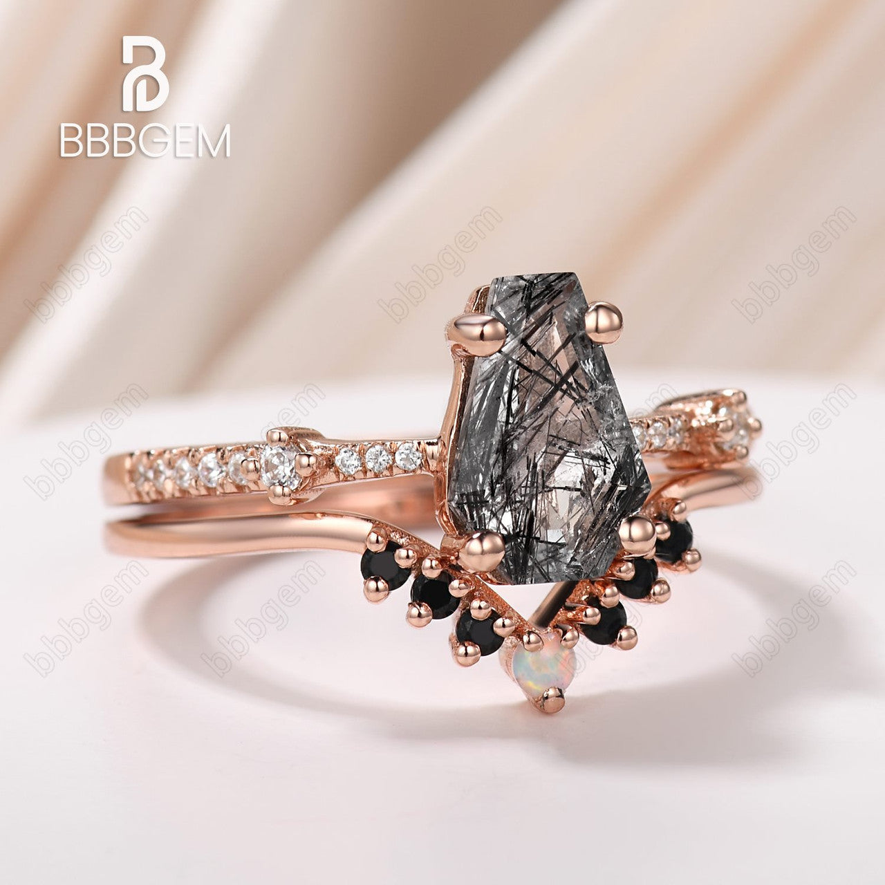 Three Stone Black Tourmaline Coffin Ring Set - Coffin Cut Black Rutilated Quartz Wedding Band - Statement Jewelry for Women - Perfect for Engagement, Anniversary & Special Occasions